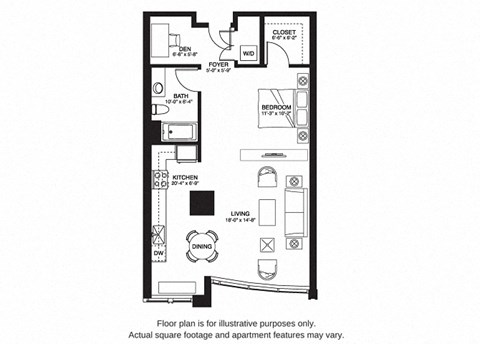 Floor plan for studio, 1 bath, 843 sqft